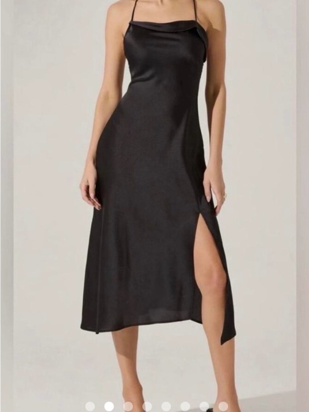 ASTR the label Black Satin cowl neck Slip midi Dress with Spaghetti Straps